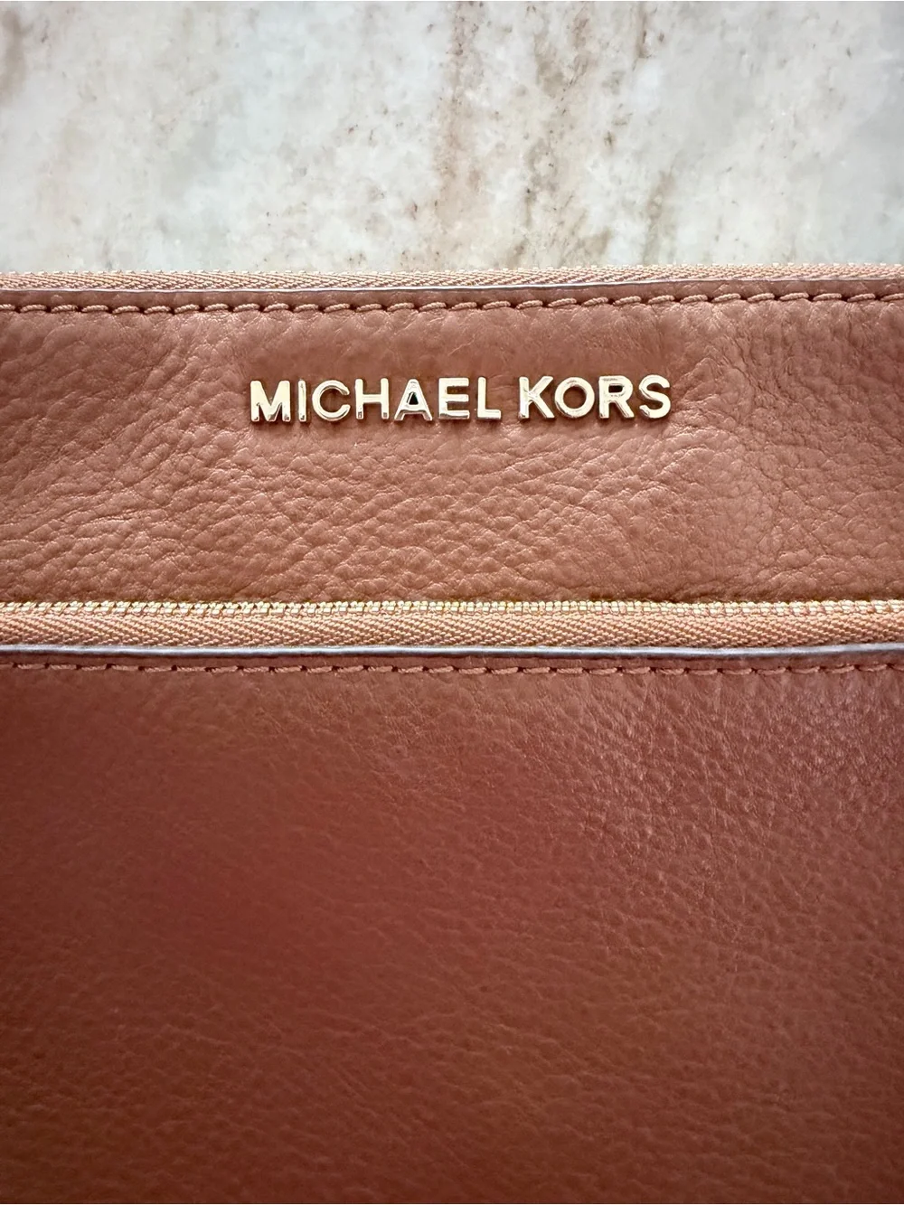 MICHAEL KORS Brown Pebbled Leather Crossbody with Gold Hardware 9” H x 8.75” W